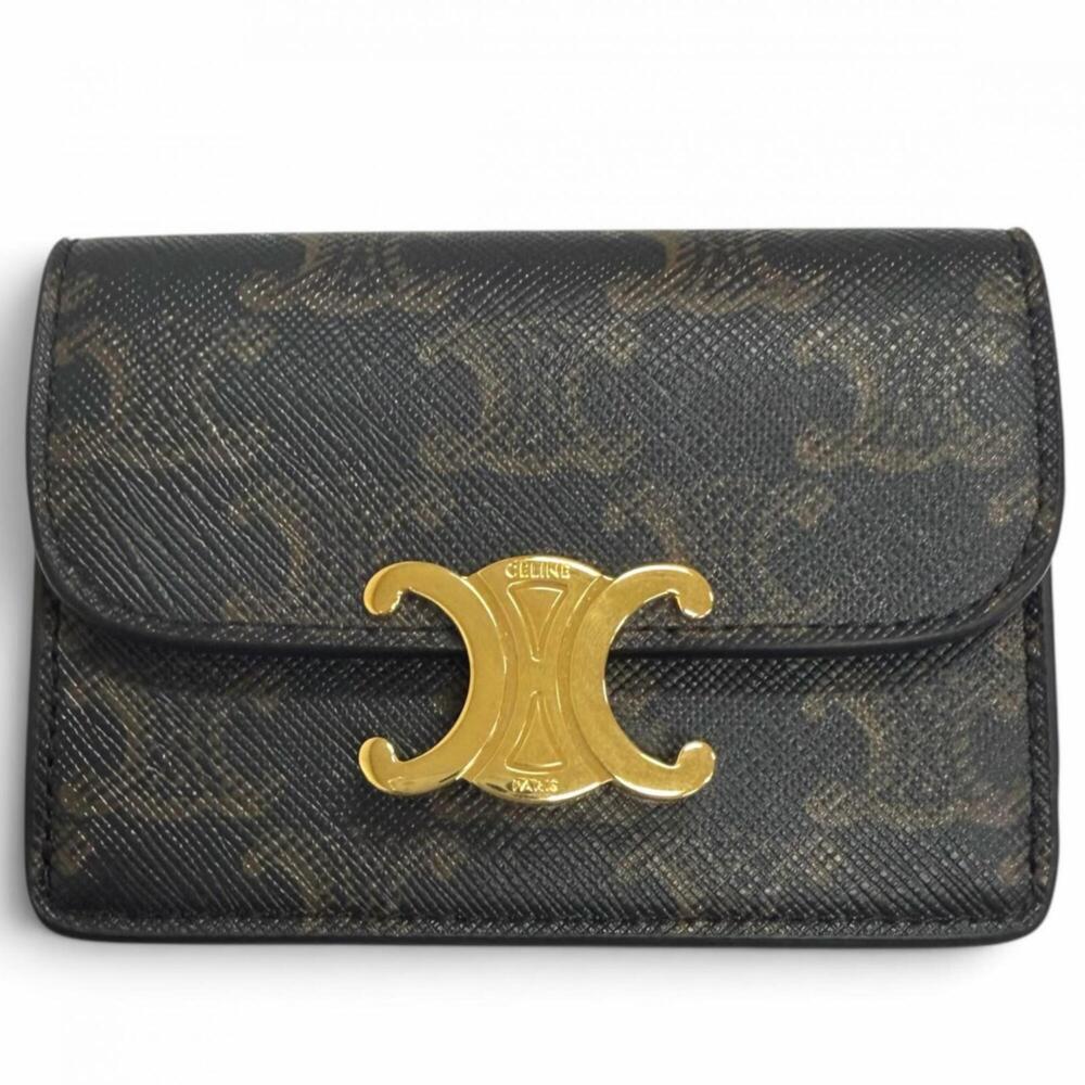 CELINE 10N062DB7 Leather Triomphe Business Card Holder/Card Case, Tan, Gold H...